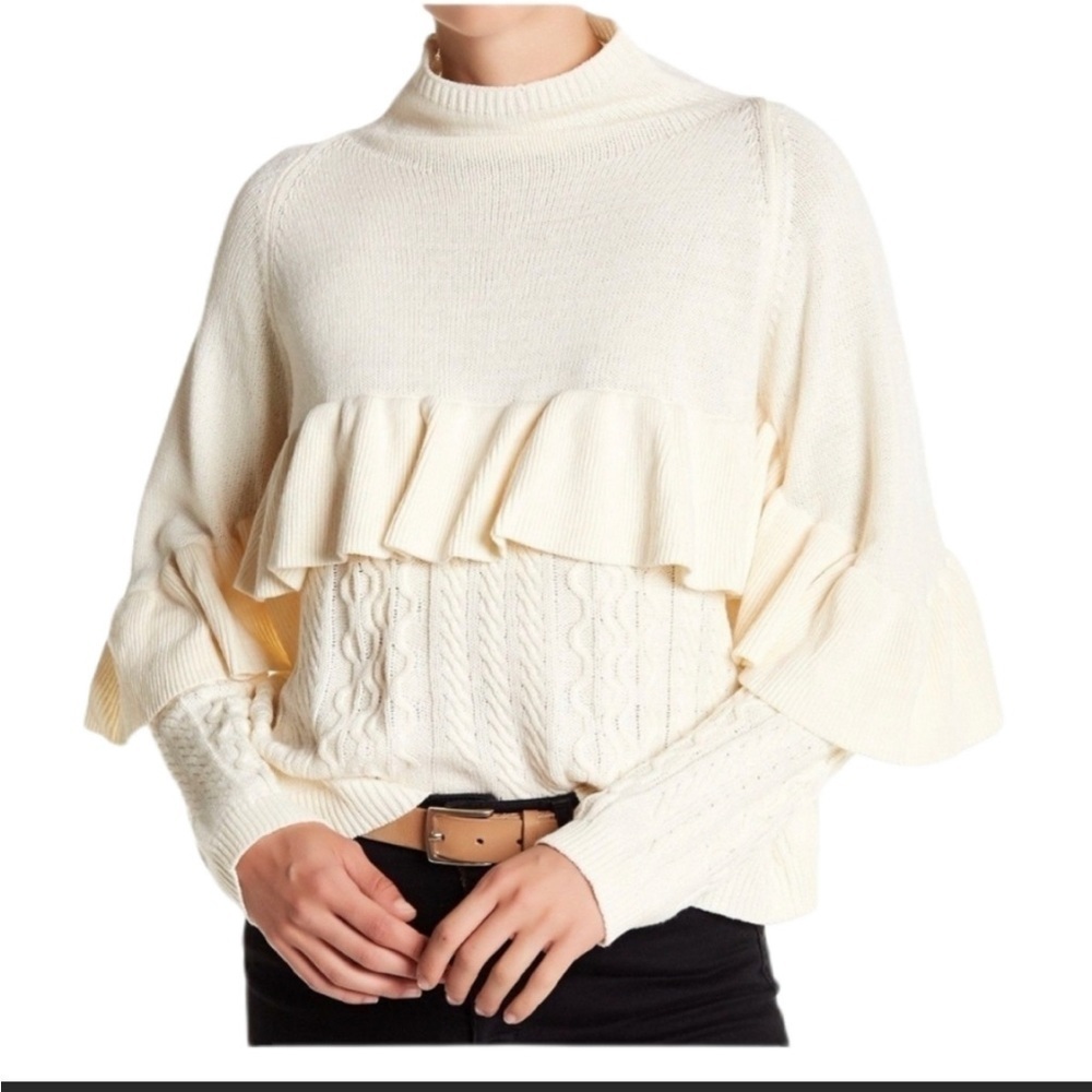 Naadam / Mock Neck Ruffle Cable Knit Sweater S